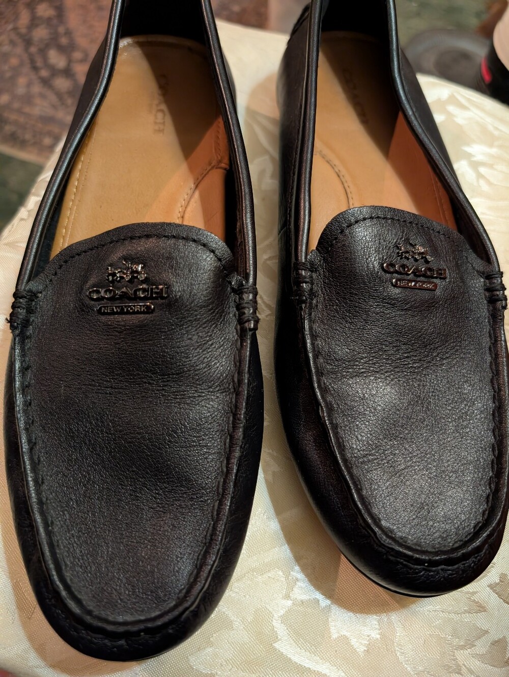 Coach Black Leather Slip-On Loafers with Metallic Black Logo